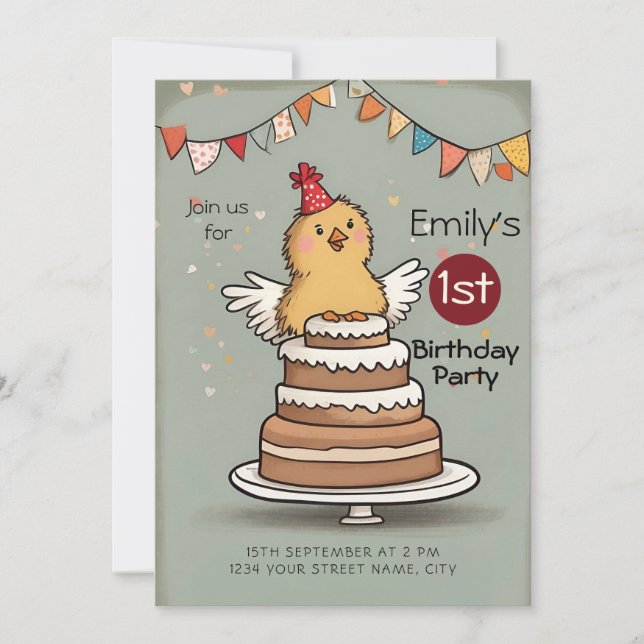 Invitation Cute Little Chicken sur Gâteau 1er anniversaire (Devant)