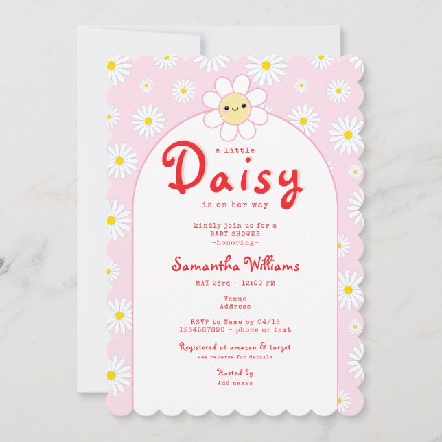 Invitation Cute Little Daisy Baby shower moderne rose rouge f (Devant)