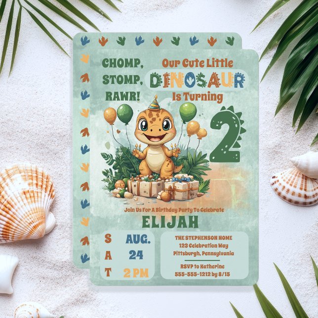 Invitation Cute Little Dinosaur Boy 2e fête d'anniversaire ("Chomp, Stomp, Rawr!" "Our Cute Little Dinosaur Is Turning 2" 2nd Birthday Party Invitation)
