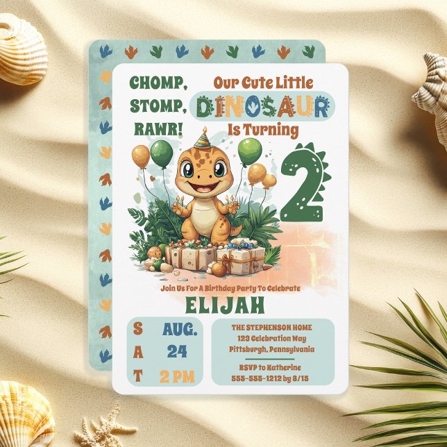 Invitation Cute Little Dinosaur Boy 2e fête d'anniversaire ("Chomp, Stomp, Rawr!" "Our Cute Little Dinosaur Is Turning 2" 2nd Birthday Party Invitation)