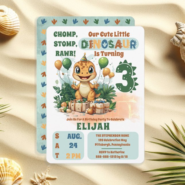 Invitation Cute Little Dinosaur Boy 3e fête d'anniversaire ("Chomp, Stomp, Rawr!" "Our Cute Little Dinosaur Is Turning 3" 3rd Birthday Party Invitation)