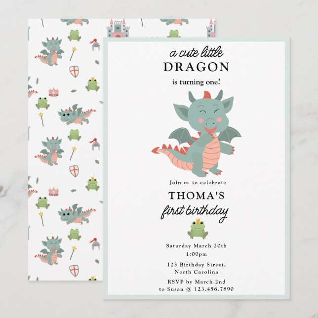 Invitation Cute Little Dragon Boy Anniversaire de enfant Part (Devant / Derrière)