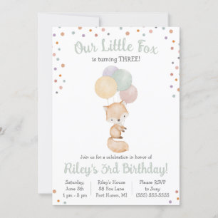 Invitation Cute Little Fox avec ballons fête d'anniversaire