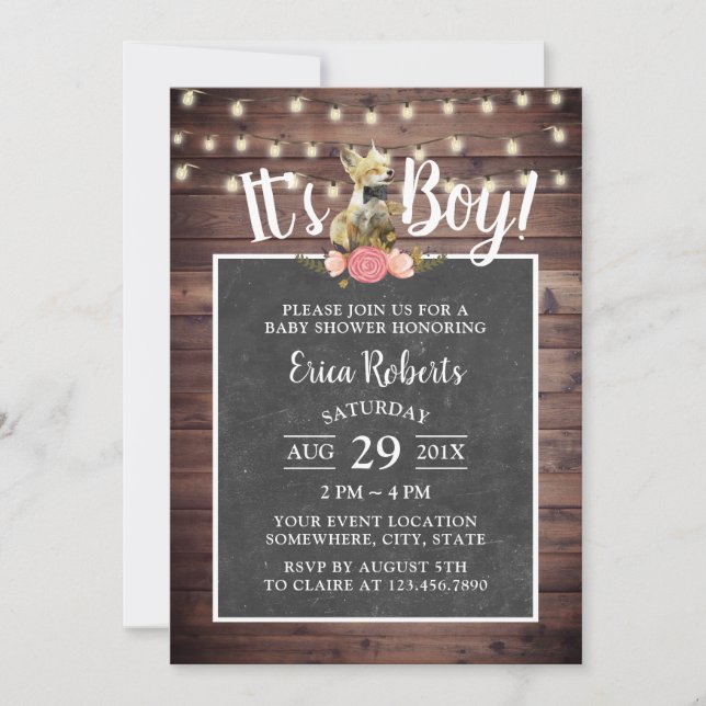 Invitation Cute Little Fox Boy Rustic Chalkboard Baby shower (Devant)