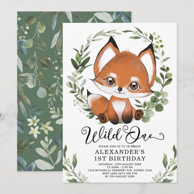 Invitation Cute Little Fox Wild One Woodland 1er anniversaire (Devant / Derrière)