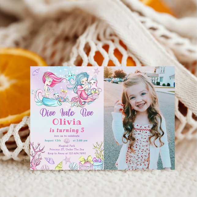 Invitation Cute Little Mermaid 5e Anniversaire Photo Invitati (Créateur téléchargé)