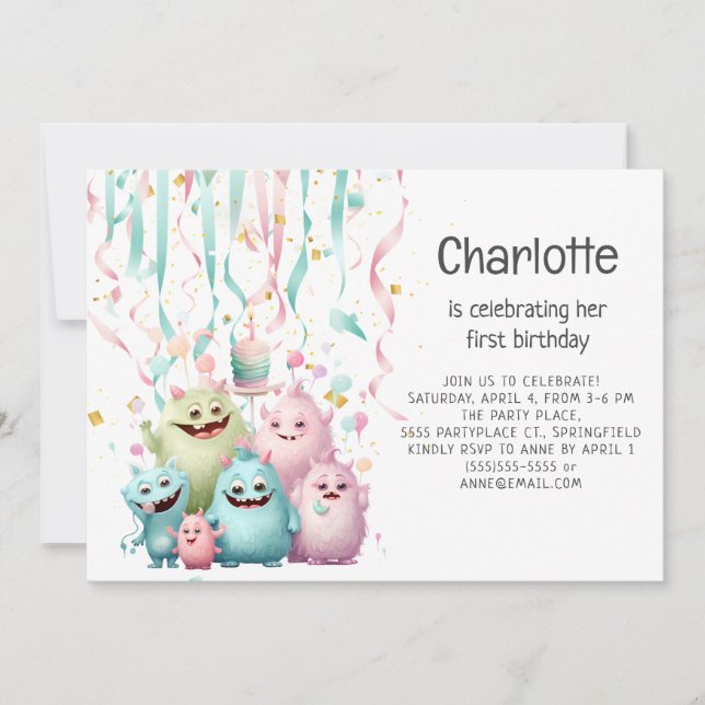 Invitation Cute Little Monsters Fille 1er anniversaire Horizo (Devant)