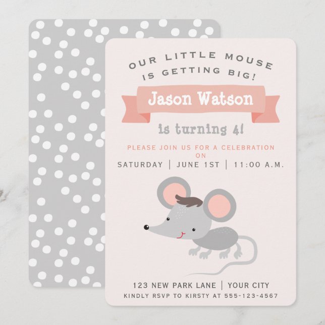 Invitation Cute Little Mouse - Fête d'anniversaire du garçon (Devant / Derrière)