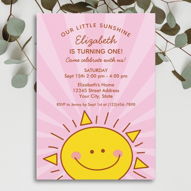 Invitation Cute Little Ray of Sunshine Rose Baby 1er annivers (Créateur téléchargé)