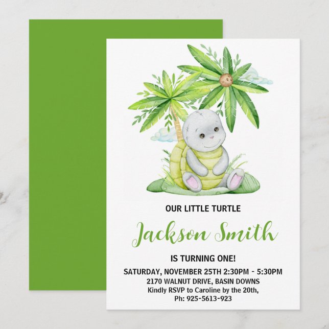 Invitation Cute Little Turtle Aquarelle fête d'anniversaire (Devant / Derrière)