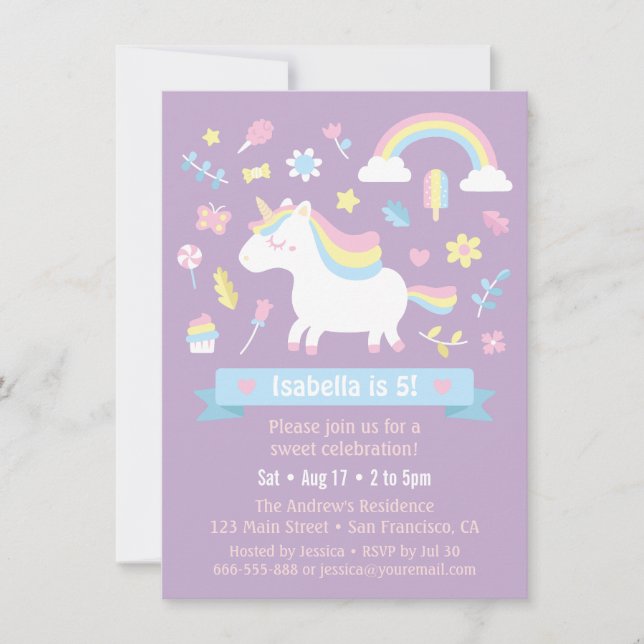 Invitation Cute Little Unicorn Rainbow Girls Birthday Party (Devant)