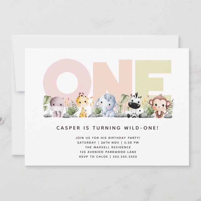 Invitation Cute Little Wild One Safari 1er anniversaire (Devant)