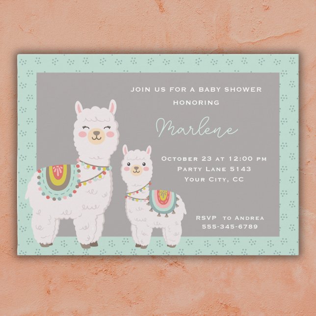 Invitation Cute llama aqua et baby shower gris (Créateur téléchargé)