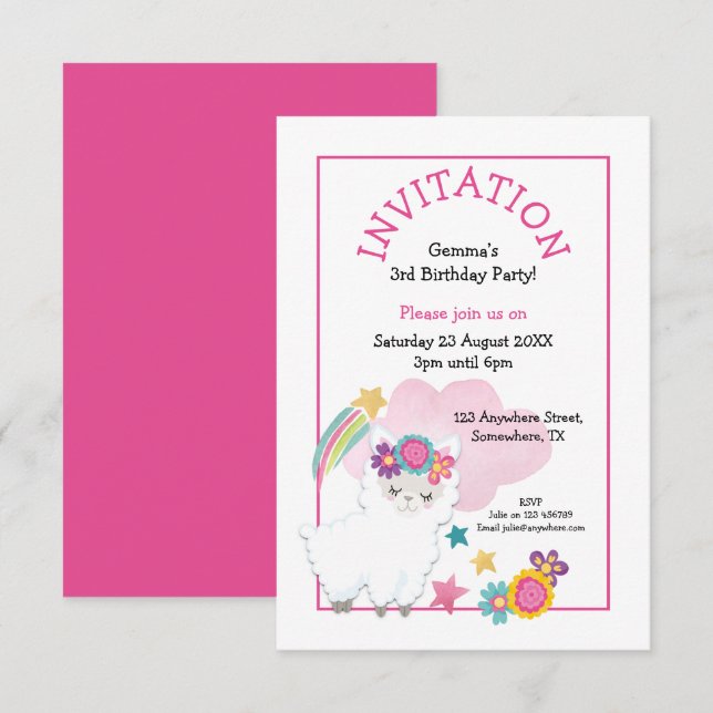 Invitation Cute Llama Jeune Enfant Fête Anniversaire rose (Devant / Derrière)