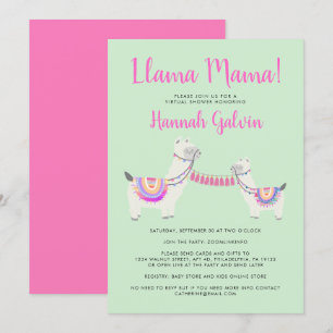 Invitation Cute Llama Mama Hot rose vert bébé Douche virtuell