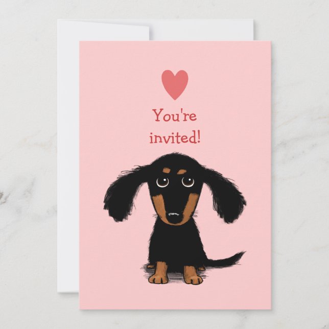Invitation Cute Long Haired Dachshund Puppy Valentine's Party (Devant)