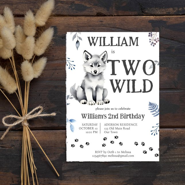 Invitation Cute loup petit deux bois sauvages fête d'annivers (Cute grey wolf cub two wild woodlands birthday party invitation editable template instant download)