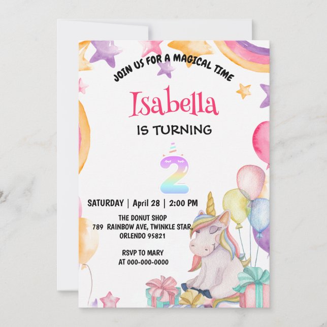 Invitation Cute Magic Rainbow Unicorn 2e fête d'anniversaire (Devant)