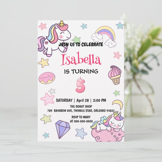 Invitation Cute Magic Rainbow Unicorn 5e fête d'anniversaire (Debout devant)