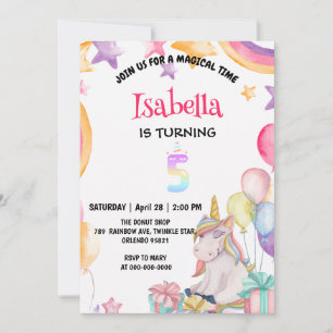 Invitation Cute Magic Rainbow Unicorn 5e fête d'anniversaire