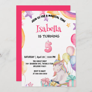Invitation Cute Magic Rainbow Unicorn 5e fête d'anniversaire