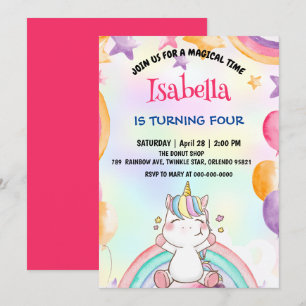 Invitation Cute Magique Arc-en-ciel Unicorn fête d'anniversai