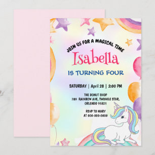 Invitation Cute Magique Arc-en-ciel Unicorn fête d'anniversai