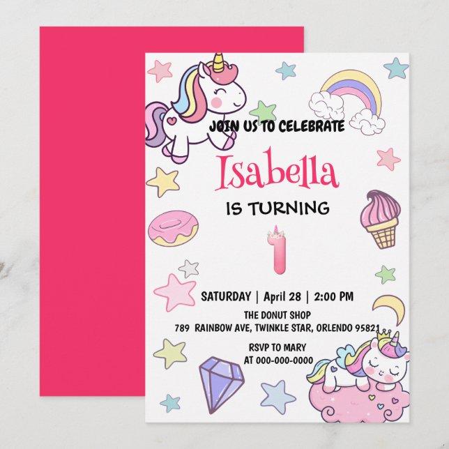 Invitation Cute Magique Rainbow Unicorn 1er anniversaire fête (Devant / Derrière)