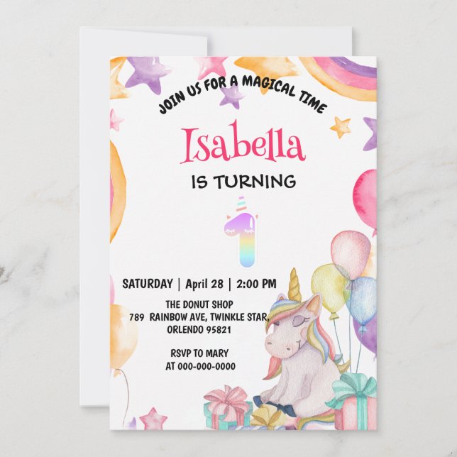 Invitation Cute Magique Rainbow Unicorn 1er anniversaire fête (Devant)