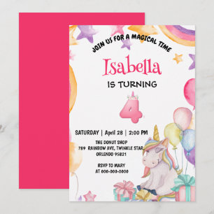 Invitation Cute Magique Rainbow Unicorn 4e fête d'anniversair