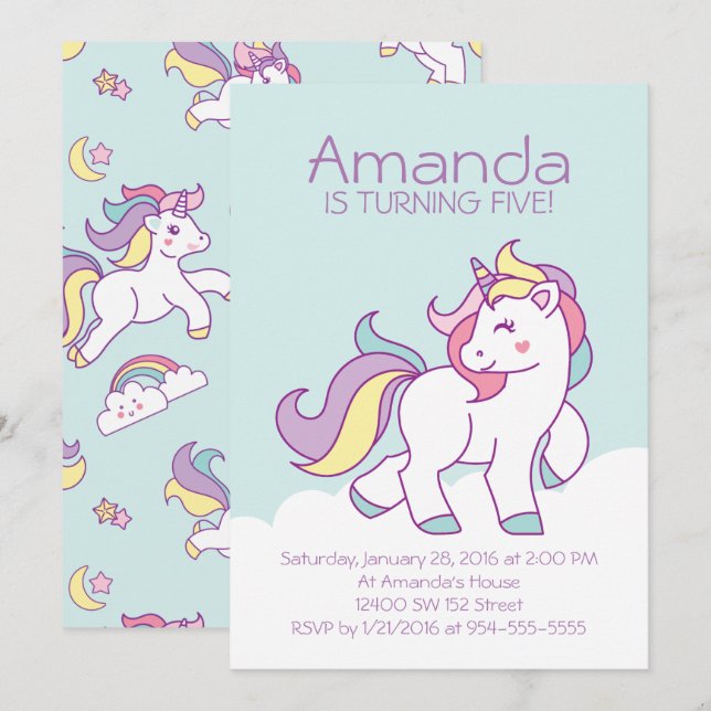 Invitation Cute Magique Unicorn Pastel GIRLY Animaux Annivers (Devant / Derrière)