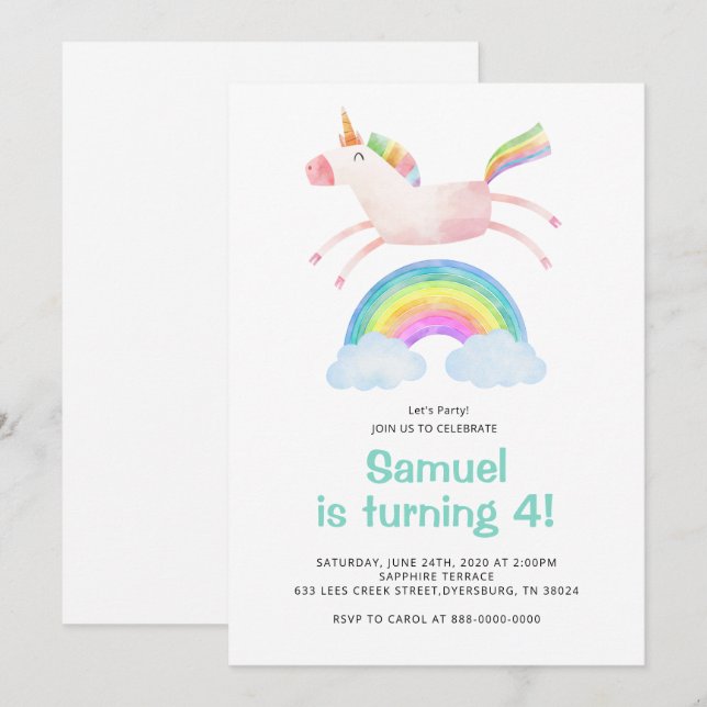Invitation Cute Magique Unicorn Rainbow Anniversaire (Devant / Derrière)