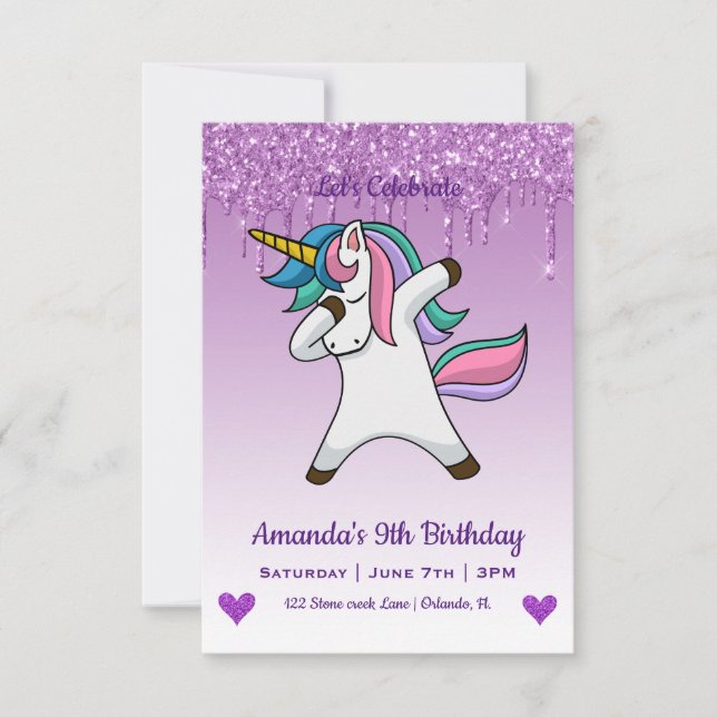 Invitation Cute Magique Unicorne & Coeurs Anniversaire (Devant)