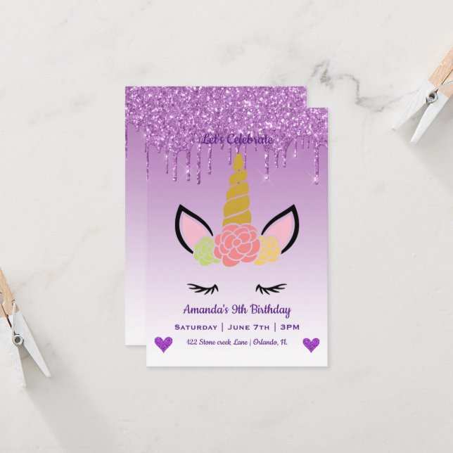 Invitation Cute Magique Unicorne & Coeurs Anniversaire (Devant/Arrière en situation)