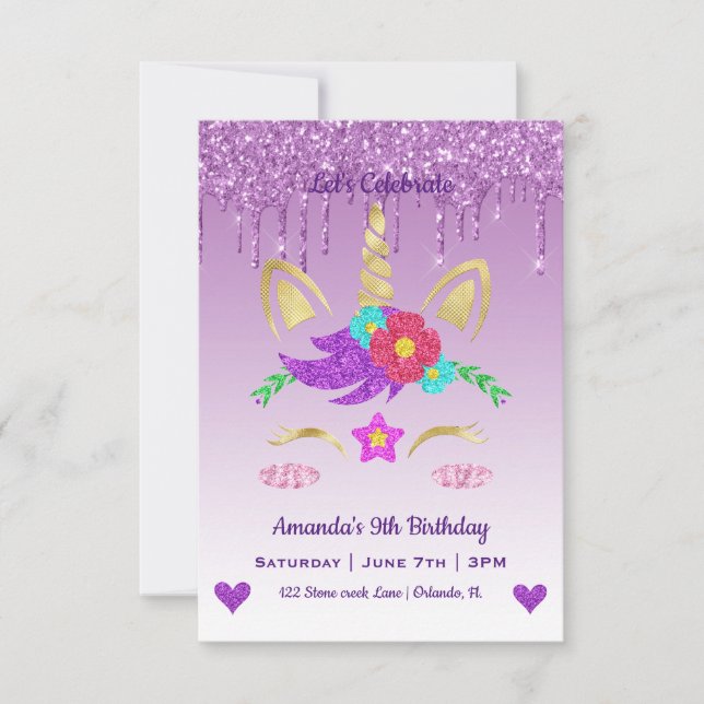 Invitation Cute Magique Unicorne & Coeurs Anniversaire (Devant)