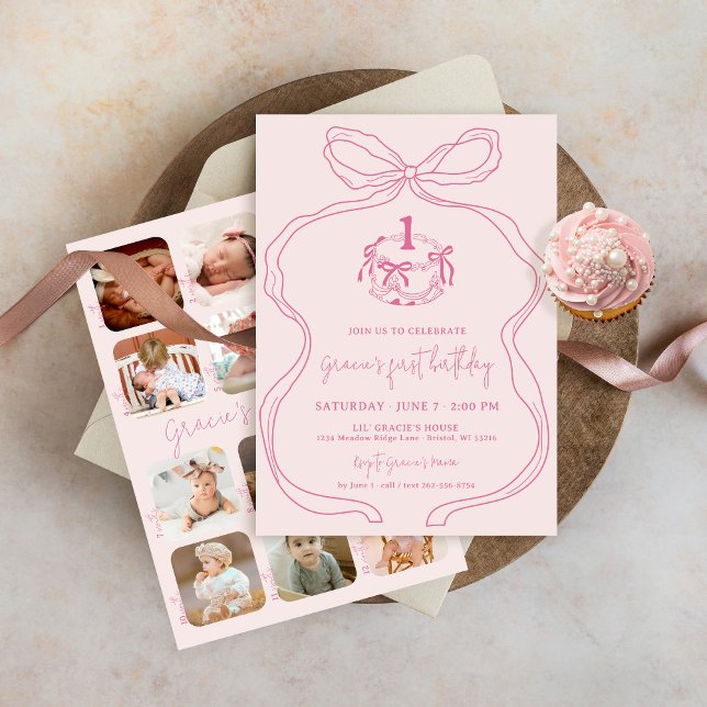 Invitation Cute Main Draw Bow Rose Girl Photo 1er anniversair (Modern trendy blush pink coquette bow cake 1st first birthday party invitation 12 month photos)