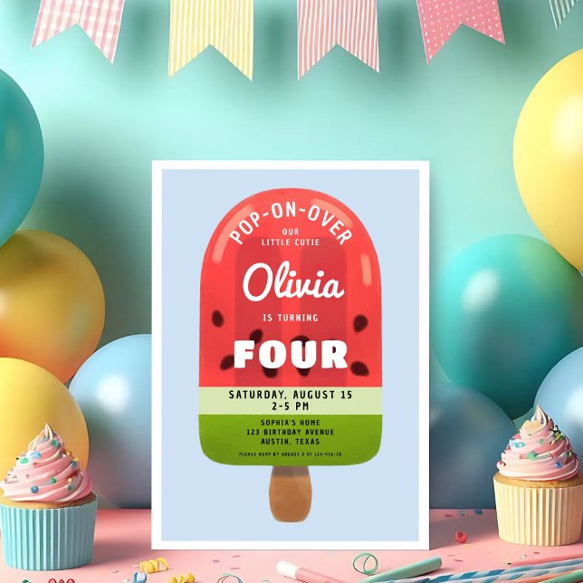 Invitation Cute Melon Popsicle Girl 4e anniversaire (Cute Melon Popsicle Girl 4th Birthday Invitation)