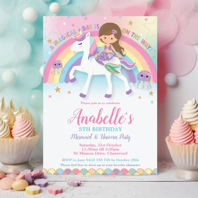 Invitation Cute Mermaid et Unicorn Rainbow Birthday (light brown haired mermaid and unicorn rainbow pool birthday party invitation cards printed download)