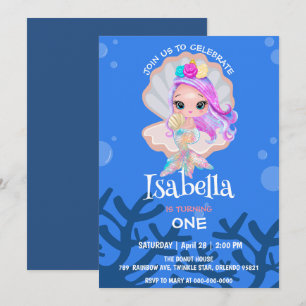 Invitation Cute Mermaid perle Rainbow Baleine fête d'annivers
