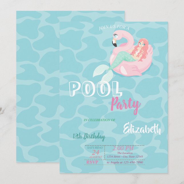 Invitation Cute Mermaid Pool fête d'anniversaire (Devant / Derrière)