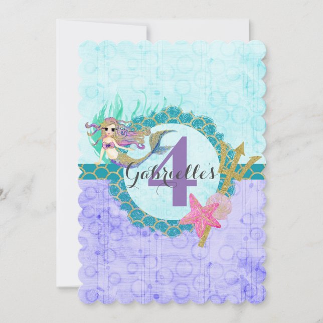 Invitation Cute Mermaid Purple Baby Girl Anniversaire Invitat (Devant)