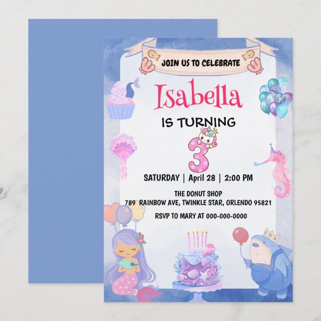 Invitation Cute Mermaid Rainbow Unicorn 3e fête d'anniversair (Devant / Derrière)