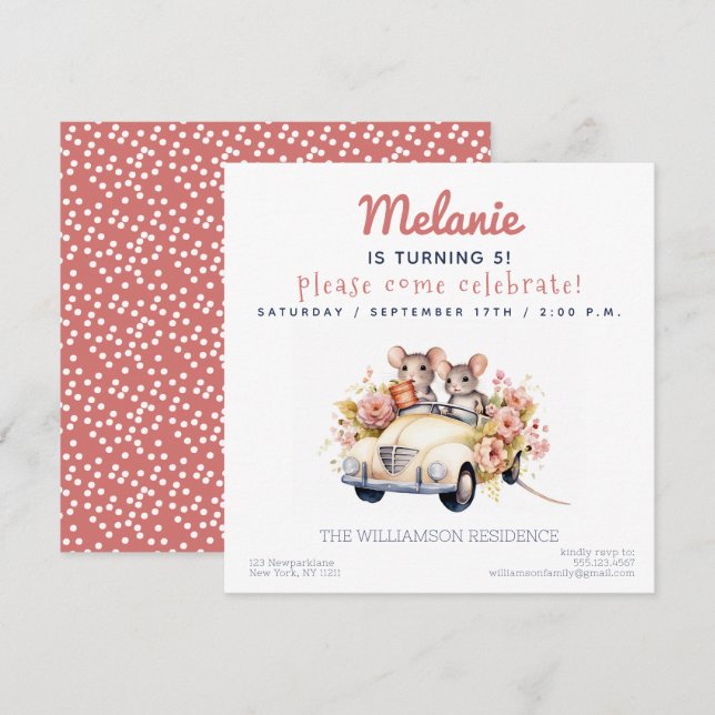 Invitation Cute Mice dans une voiture Anniversaire de enfant  (Devant / Derrière)