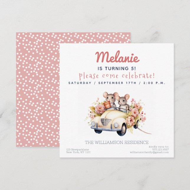 Invitation Cute Mice dans une voiture Anniversaire de enfant  (Devant / Derrière)