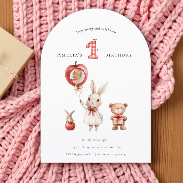 Invitation Cute  minimal watercolor photo "1st" Birthday (Créateur téléchargé)