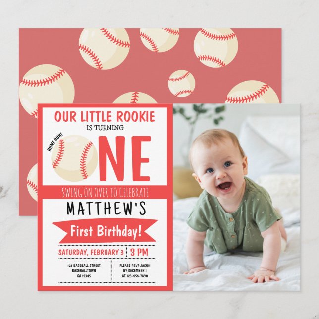 Invitation Cute Modern Baseball Ruban Photo 1er anniversaire (Devant / Derrière)