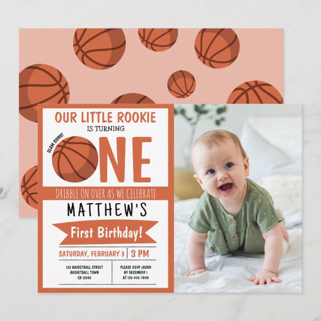 Invitation Cute Modern Basketball Ruban Photo 1er anniversair (Devant / Derrière)