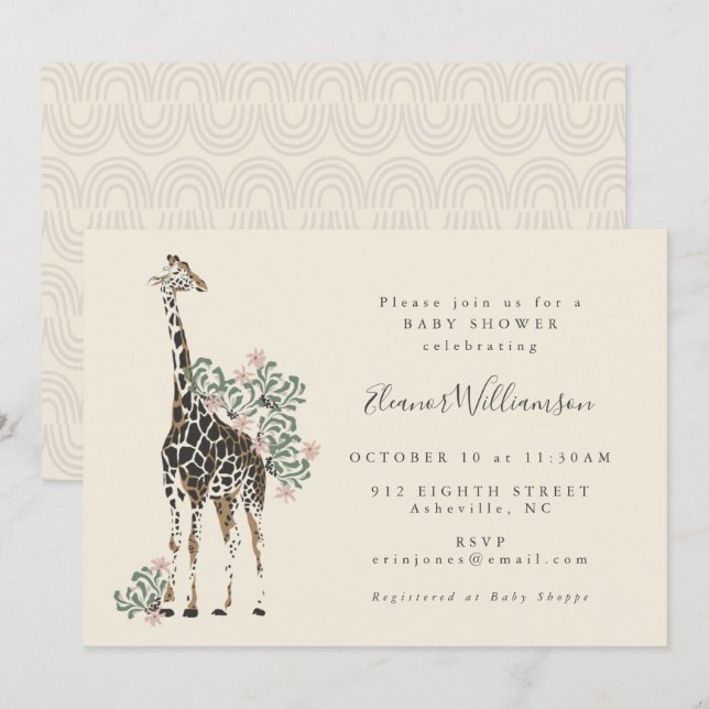 Invitation Cute Modern Floral Giraffe Baby shower simple (Devant / Derrière)