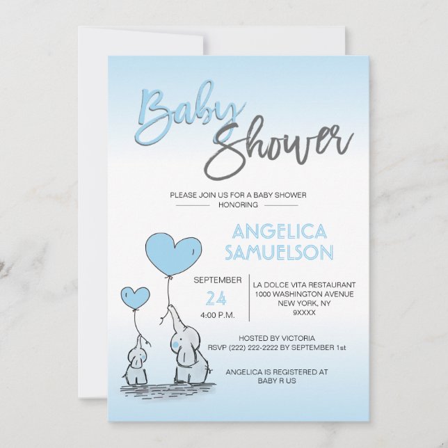 Invitation Cute Modern GARY Blue maman Elephant & Baby shower (Devant)