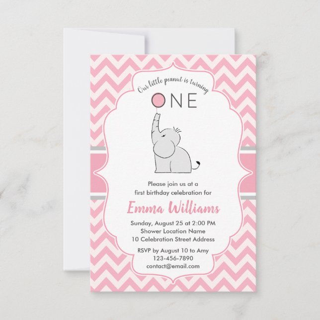 Invitation Cute Modern Girl rose Grey Elephant 1er anniversai (Devant)